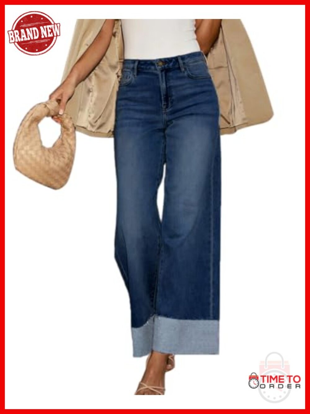 High Waisted Wide Leg Boyfriend Jeans Stretch Raw Hem Cuffed
